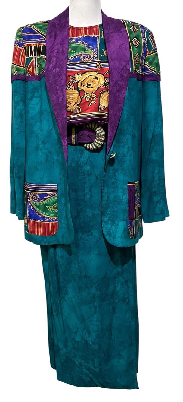 Lindsey Scott Sport Vintage Skirt Set Suit Jacket Belt Teal Purple Red Size 10